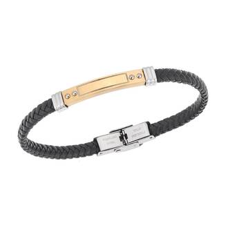 Βραχιόλι Senza Men&#039;s Gold Plated Steel, Black Leather Strap, με δίχρωμη ταυτότητα
