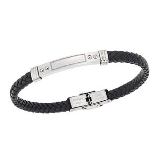 Βραχιόλι Senza Men&#039;s Steel, Black Leather Strap, με ασημί ταυτότητα