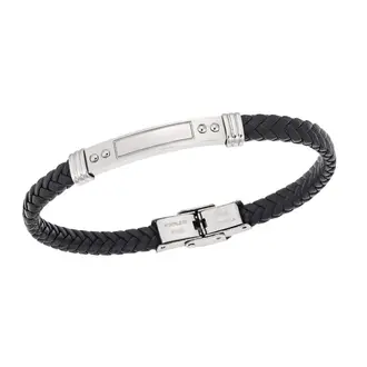 Βραχιόλι Senza Men&#039;s Steel, Black Leather Strap, με ασημί ταυτότητα
