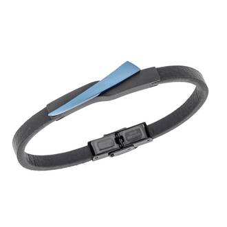Βραχιόλι Senza Men&#039;s Black Steel, Black Leather Strap, με μαύρο &amp; μπλε σχέδιο