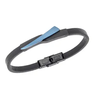 Βραχιόλι Senza Men&#039;s Black Steel, Black Leather Strap, με μαύρο &amp; μπλε σχέδιο