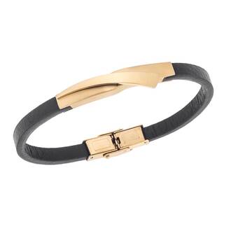 Βραχιόλι Senza Men&#039;s Gold Plated Steel, Black Leather Strap, με χρυσό σχέδιο