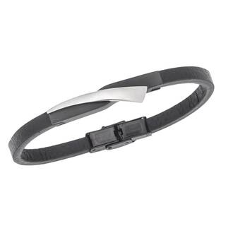 Βραχιόλι Senza Men&#039;s Black Steel, Black Leather Strap, με μαύρο &amp; ασημί σχέδιο