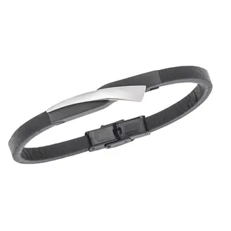 Βραχιόλι Senza Men&#039;s Black Steel, Black Leather Strap, με μαύρο &amp; ασημί σχέδιο