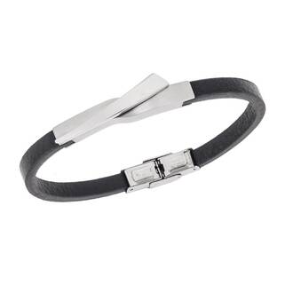 Βραχιόλι Senza Men&#039;s Steel, Black Leather Strap, με ασημί σχέδιο