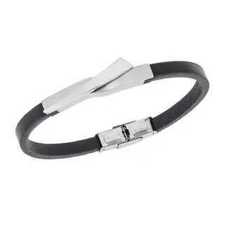 Βραχιόλι Senza Men&#039;s Steel, Black Leather Strap, με ασημί σχέδιο