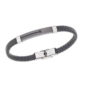 Βραχιόλι Senza Men&#039;s Steel, Black Leather Strap, δίχρωμο με μαύρη πέτρα