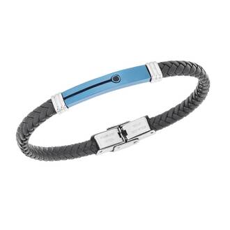 Βραχιόλι Senza Men&#039;s Steel, Black Leather Strap, δίχρωμο με μαύρη πέτρα