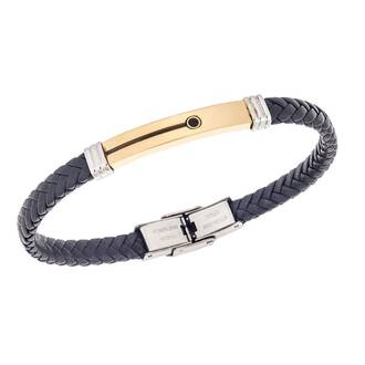 Βραχιόλι Senza Men&#039;s Gold Plated Steel, Black Leather Strap, δίχρωμο με μαύρη πέτρα