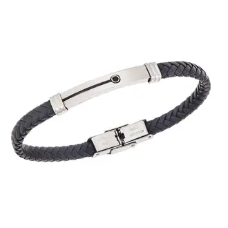 Βραχιόλι Senza Men&#039;s Steel, Black Leather Strap, με μαύρη πέτρα