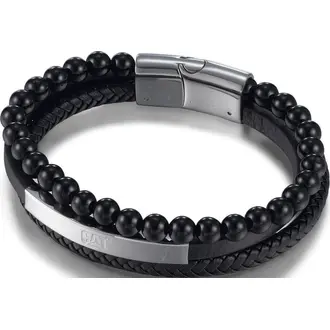 CATERPILLAR Beads Βραχιόλι Από Δέρμα Και Ανοξείδωτο Ατσάλι Με Χάντρες 21cm J014B28112