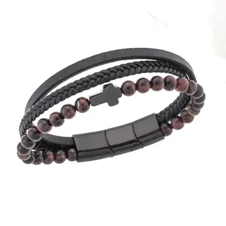 Βραχιόλι Senza Men&#039;s Steel Black Leather Strap with Cross