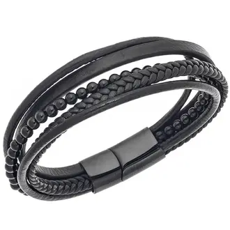 Βραχιόλι Senza Men&#039;s Steel Black Leather Strap