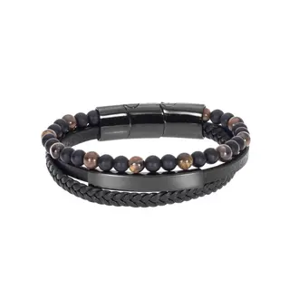 Βραχιόλι Senza Men&#039;s Steel Black Leather Strap