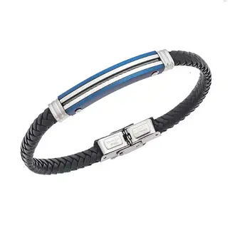 Βραχιόλι Senza Men&#039;s Silver&amp;Blue Stainless Steel With Black Leather