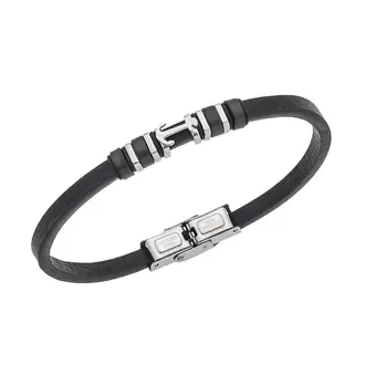 Βραχιόλι Senza Men&#039;s Steel, Black Leather Strap With Silver Anchor