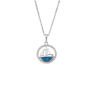 Κολιέ SENZA Rhodium Plated Ασήμι 925 Καράβι σε Κύκλο με Όπαλ