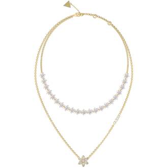 GUESS STEEL White Lotus Χρυσό Κολιέ Με Διπλή Αλυσίδα Και Ζιργκόν 38.10cm-48.26cm JUBN04130JWYGWHT-U