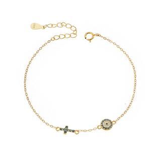 Βραχιόλι Senza Silver 925 Gold Plated, Ματάκι και σταυρός με τυρκουάζ ζιργκόν