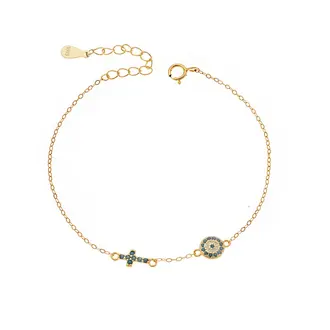 Βραχιόλι Senza Silver 925 Gold Plated, Ματάκι και σταυρός με τυρκουάζ ζιργκόν