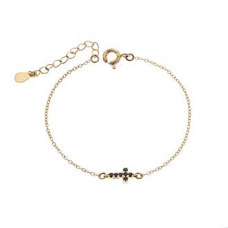 Βραχιόλι Senza Silver 925 Gold Plated, σταυρός με μαύρα &amp; λευκά ζιργκόν διπλής όψης