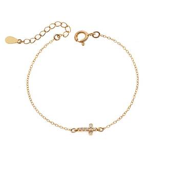 Βραχιόλι Senza Silver 925 Gold Plated, σταυρός με φούξια &amp; λευκά ζιργκόν διπλής όψης