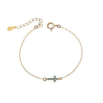 Βραχιόλι Senza Silver 925 Gold Plated, σταυρός με τυρκουάζ &amp; λευκά ζιργκόν διπλής όψης