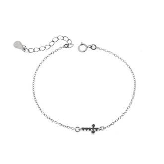 Βραχιόλι Senza Silver 925, σταυρός με μαύρα &amp; λευκά ζιργκόν διπλής όψης