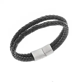 Βραχιόλι Senza Men&#039;s Steel Black Leather Strap