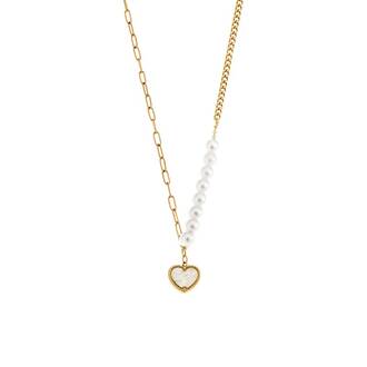 Κολιέ Senza Gold Plated Stainless Steel, Καρδιά με φίλντισι και πέρλες