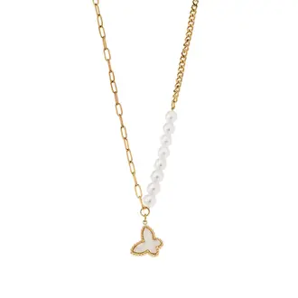 Κολιέ Senza Gold Plated Stainless Steel, Πεταλούδα με φίλντισι και πέρλες