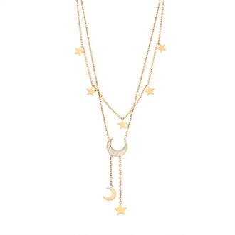 Κολιέ Senza Gold Plated Stainless Steel, Αστέρια και φεγγαράκι με φίλντισι