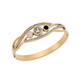Βραχιόλι Senza Steel Gold Plated, Χειροπέδα με ασπρόμαυρoυς κύκλους και λευκές πέτρες