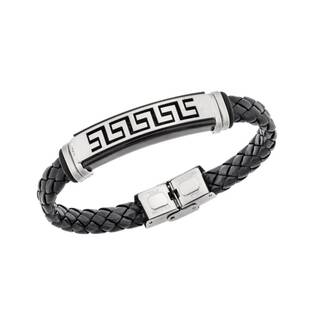 Βραχιόλι Senza Men&#039;s Steel, Ατσάλι με μαίανδρο και μαύρη δερματίνη