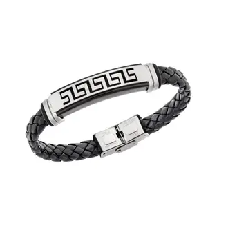 Βραχιόλι Senza Men&#039;s Steel, Ατσάλι με μαίανδρο και μαύρη δερματίνη
