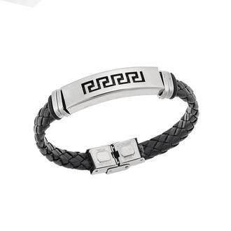 Βραχιόλι Senza Men&#039;s Steel, Ατσάλι με μαίανδρο και μαύρη δερματίνη
