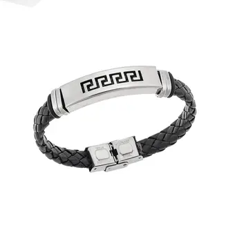 Βραχιόλι Senza Men&#039;s Steel, Ατσάλι με μαίανδρο και μαύρη δερματίνη