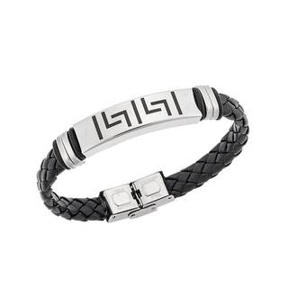 Βραχιόλι Senza Men&#039;s Steel, Ατσάλι με μαίανδρο και μαύρη δερματίνη