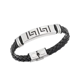 Βραχιόλι Senza Men&#039;s Steel, Ατσάλι με μαίανδρο και μαύρη δερματίνη