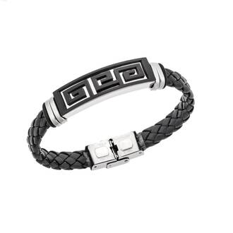 Βραχιόλι Senza Men&#039;s Steel, Ατσάλι με μαίανδρο και μαύρη δερματίνη