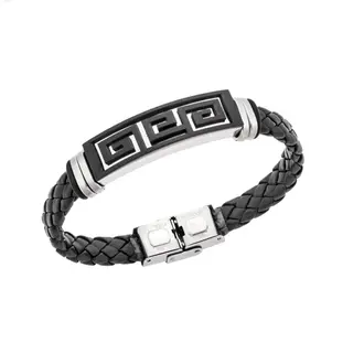 Βραχιόλι Senza Men&#039;s Steel, Ατσάλι με μαίανδρο και μαύρη δερματίνη