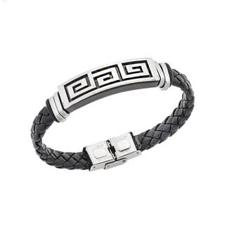 Βραχιόλι Senza Men&#039;s Steel, Ατσάλι με μαίανδρο και μαύρη δερματίνη