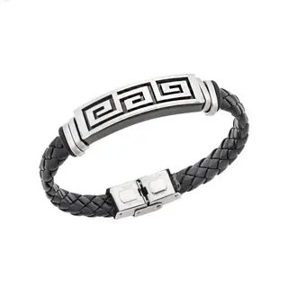 Βραχιόλι Senza Men&#039;s Steel, Ατσάλι με μαίανδρο και μαύρη δερματίνη