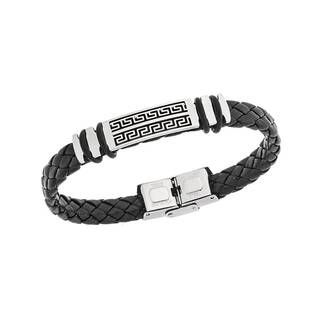 Βραχιόλι Senza Men&#039;s Steel, Ατσάλι με μαίανδρο και μαύρη δερματίνη