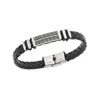 Βραχιόλι Senza Men&#039;s Steel, Ατσάλι με μαίανδρο και μαύρη δερματίνη