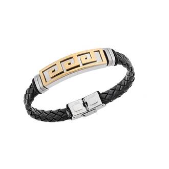 Βραχιόλι Senza Men&#039;s Steel, Ατσάλι με μαίανδρο και μαύρη δερματίνη