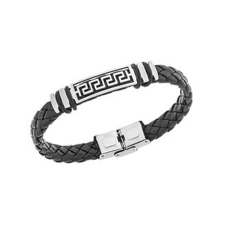 Βραχιόλι Senza Men&#039;s Steel, Ατσάλι με μαίανδρο και μαύρη δερματίνη