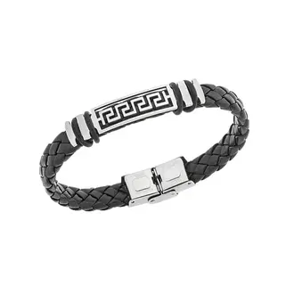 Βραχιόλι Senza Men&#039;s Steel, Ατσάλι με μαίανδρο και μαύρη δερματίνη