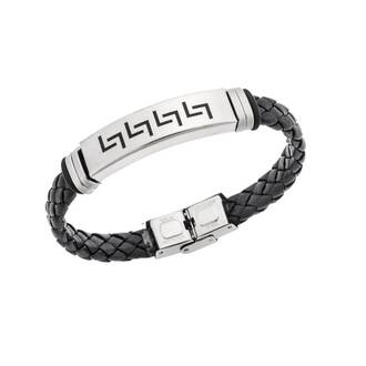 Βραχιόλι Senza Men&#039;s Steel, Ατσάλι με μαίανδρο και μαύρη δερματίνη