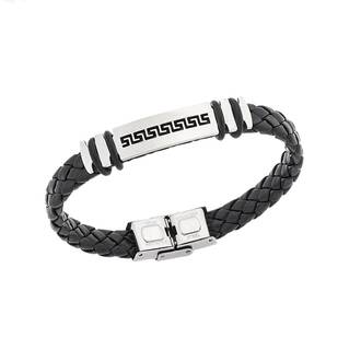 Βραχιόλι Senza Men&#039;s Steel, Ατσάλι με μαίανδρο και μαύρη δερματίνη